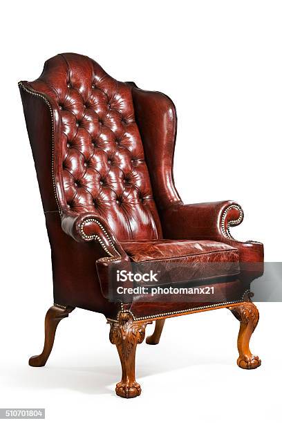 Antique Leather Wing Chair Carved Legs Isolated Stock Photo - Download Image Now - Antique, Armchair, Brown