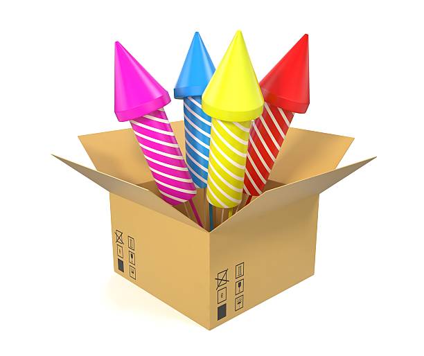 istock Cardboard box with festive rockets inside isolated on white background. 510703224