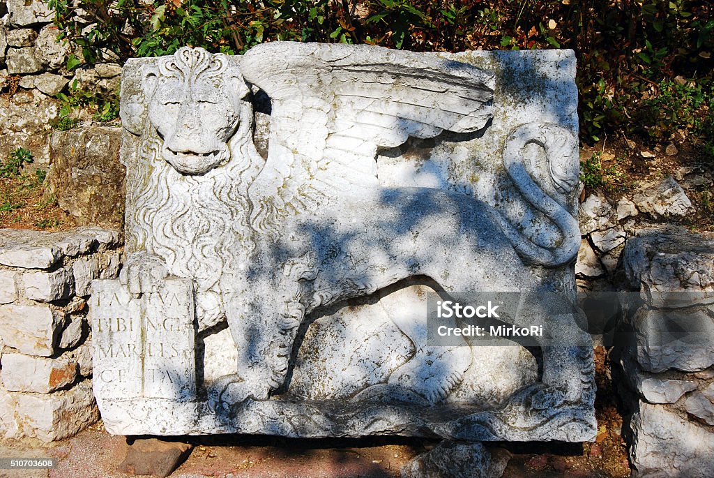 Venetian Lion Stone Sculpure in Trsat Castle in Rijeka Croatia Venetian Lion Stone Sculpure in Fortress Trsat in Rijeka Arch - Architectural Feature Stock Photo