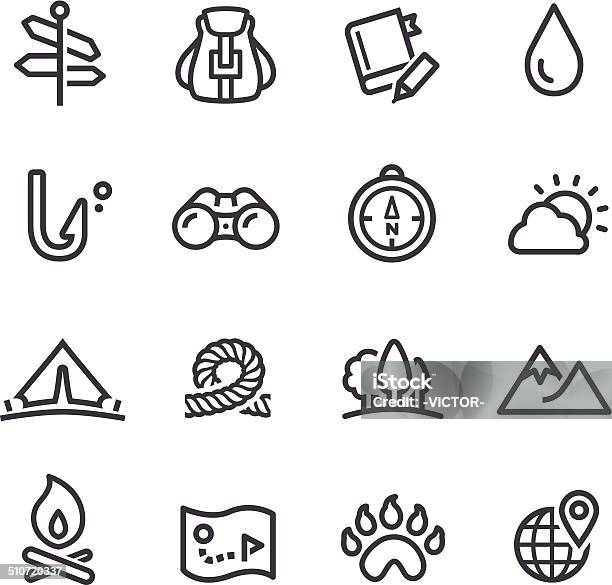 Travel Adventure And Camping Icons Line Series Stock Illustration - Download Image Now - Mountain, Weather, Backpack