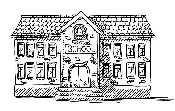 School Building Facade Drawing Hand-drawn vector drawing of a School Building Facade. Black-and-White sketch on a transparent background (.eps-file). Included files are EPS (v10) and Hi-Res JPG. schoolhouse stock illustrations