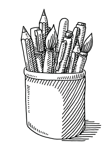 Hand-drawn vector drawing of some Pens, Pencils and Paint Brushes in a Tin. Black-and-White sketch on a transparent background (.eps-file). Included files are EPS (v10) and Hi-Res JPG.