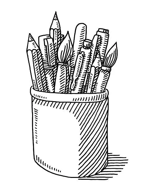 Vector illustration of Pen Pencil Paint Brush Tin Drawing