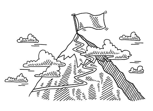 Mountain Top Footpath Flag Drawing Hand-drawn vector drawing of a Mountain Top, a Footpath leads to a Flag at the summit. Black-and-White sketch on a transparent background (.eps-file). Included files are EPS (v10) and Hi-Res JPG. journey drawings stock illustrations