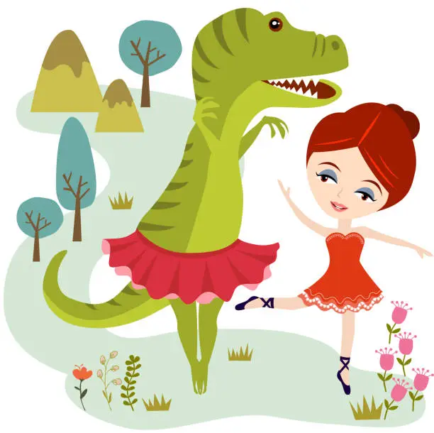 Vector illustration of Girl Dancing with T. Rex