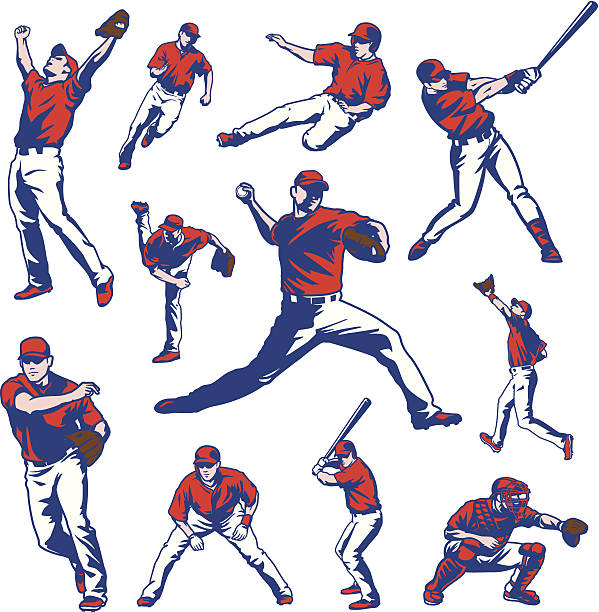 illustrazioni stock, clip art, cartoni animati e icone di tendenza di insieme di giocatori di baseball - pitcher di baseball