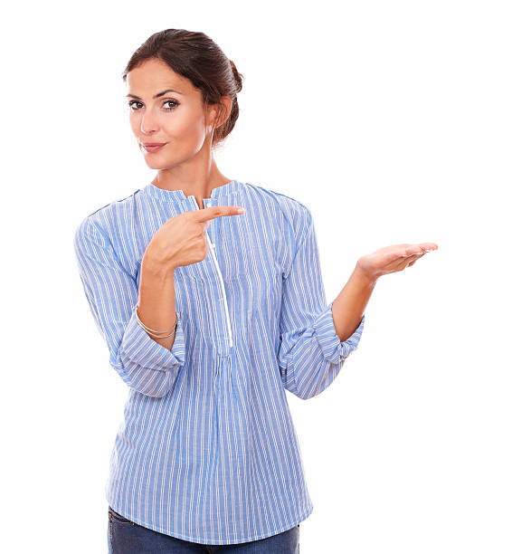 istock Single latin lady holding her left palm up 510724505