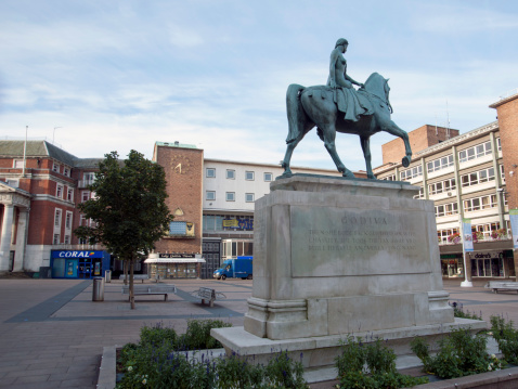 Coventry, UK – August 24, 2014: Modern day Broadgate is a traffic free city centre multi-use public square, with the statue of Lady Godiva as its centrepiece.
