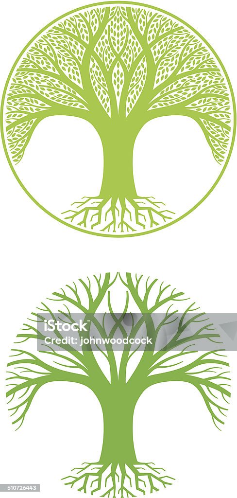 Two trees Two graphic trees, both the same tree, one enclosed in a circle and with leaves, the other just the basic outline. Growth stock vector