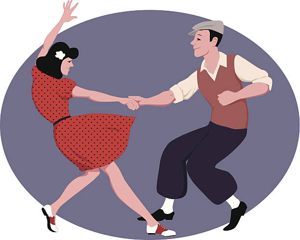 Lindy Hop Young couple dressed in late 1940s style clothes dancing lindy hop, vector illustration swing dancing stock illustrations