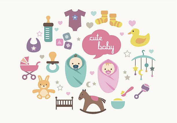 illustrazioni stock, clip art, cartoni animati e icone di tendenza di carta di auguri con i bambini e giocattoli - baby goods