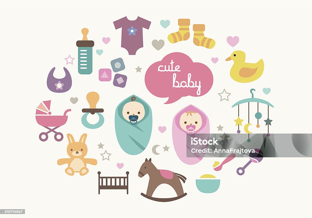 Greetings Card - Babies and Toys Cute greetings card with icons of babies and toys in flat design style. Baby - Human Age stock vector