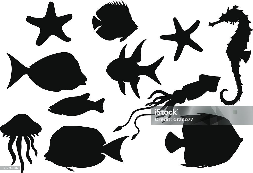 Marine Life Set Varied sea creatures silhouette. Jellyfish stock vector