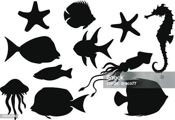 Marine Life Set Stock Illustration - Download Image Now - Jellyfish, Animal, Black Color