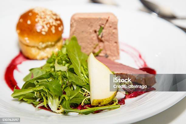 Appetizer Of Pate Sliced Pear And Greens Stock Photo - Download Image Now - Bread, Bun - Bread, Crockery