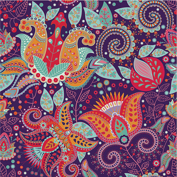 illustrazioni stock, clip art, cartoni animati e icone di tendenza di vettore colorato motivo floreale - flower backgrounds paisley flourish