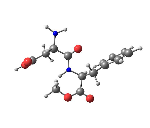 Aspartame molecule isolated on white Aspartame is an artificial, non-saccharide sweetener used as a sugar substitute in some foods and beverages chemical formula for aspartame stock pictures, royalty-free photos & images