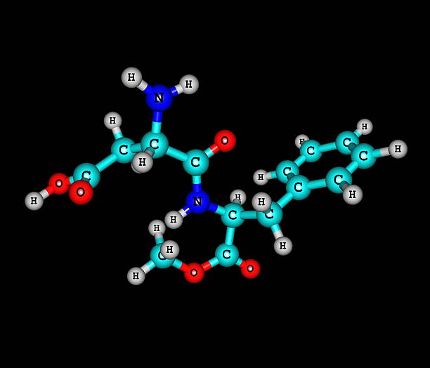 Aspartame molecule isolated on black Aspartame is an artificial, non-saccharide sweetener used as a sugar substitute in some foods and beverages chemical formula for aspartame stock pictures, royalty-free photos & images