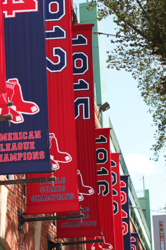 Boston, Ma, USA - August 18,2014: The Exterior of Historic Fenway Park,Boston Red Sox Banners