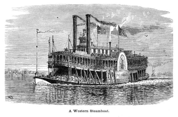 western steamboat gravur illustrationen - dampfschiff stock-grafiken, -clipart, -cartoons und -symbole