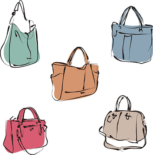 ilustraciones, imágenes clip art, dibujos animados e iconos de stock de elegante mujer moda bocetos handbag de cuero de estilo - purse