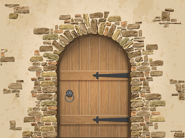 Arch of stone with closed wooden door Arch of stone with closed wooden door. Entrance to the wine cellar. brick and stone textures stock illustrations
