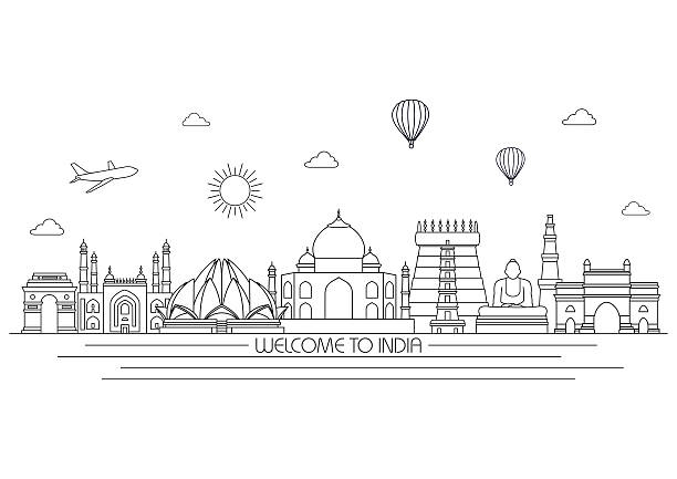 indien skyline. vektor-illustration. linie stil gestaltung - tourist grafiken stock-grafiken, -clipart, -cartoons und -symbole