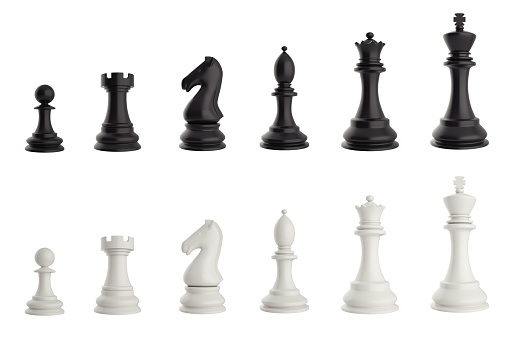 Set of black and white chess pieces.