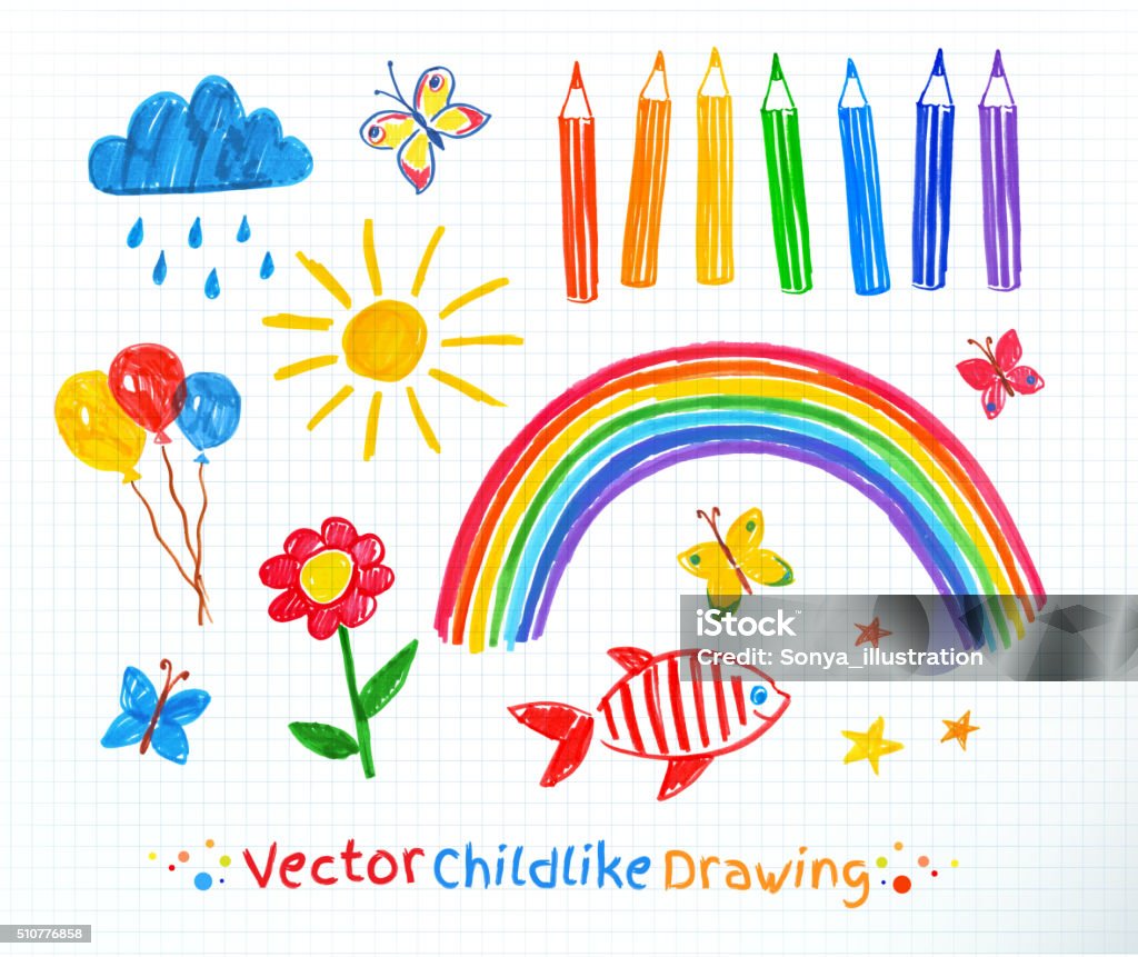 Childlike drawing set Felt pen childlike drawing set on school checkered paper background. Child's Drawing stock vector