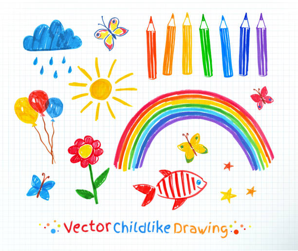 Childlike drawing set Felt pen childlike drawing set on school checkered paper background. childs drawing stock illustrations