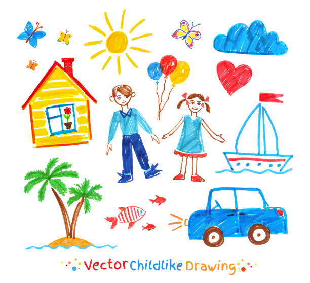 детски набор чертежей - sun sky child balloon stock illustrations