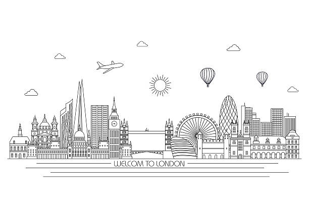 illustrazioni stock, clip art, cartoni animati e icone di tendenza di skyline di londra. vettoriale illustrazione di linea. linea stile progettazione - london