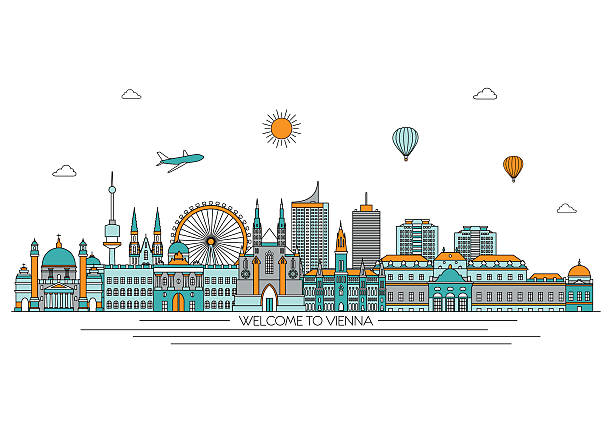 ilustrações, clipart, desenhos animados e ícones de cidade de viena. ilustração vetor de linha. estilo projeto de linha - edifício de teatro