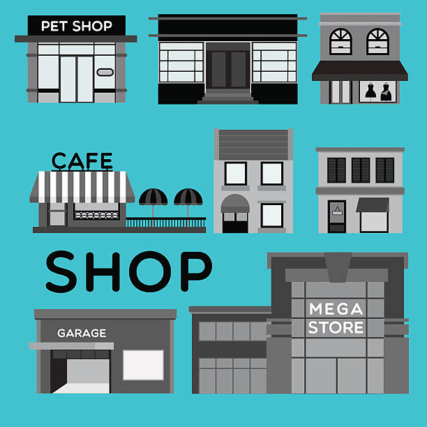 SHOP Collection of different shop black&white style on the blue background. megastore stock illustrations