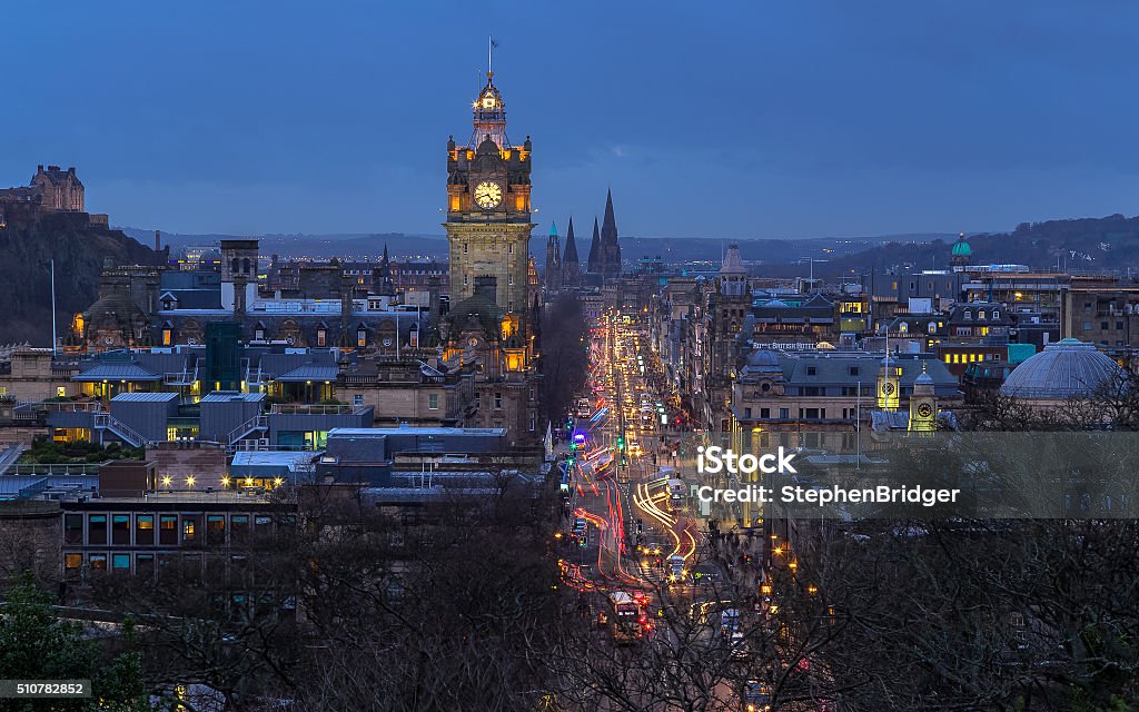 Princes Street at Dusk Edinburgh Princes Street taken from Calton Hill. Edinburgh - Scotland Stock Photo