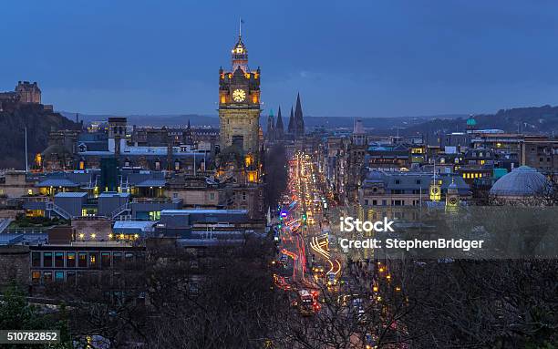 Princes Street At Dusk Stock Photo - Download Image Now - Edinburgh - Scotland, Princes Street - Edinburgh, Clock