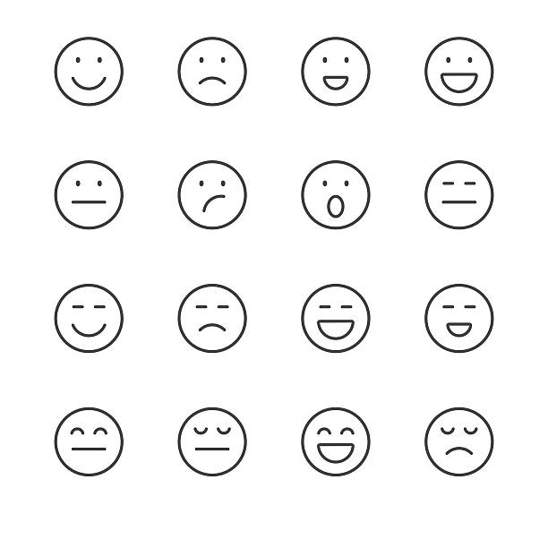 ilustraciones, imágenes clip art, dibujos animados e iconos de stock de emoji iconos conjunto 1/negro, serie de la línea - cara sonriente antropomórfica