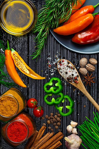istock Spices and herbs shot directly above on dark table 510785842