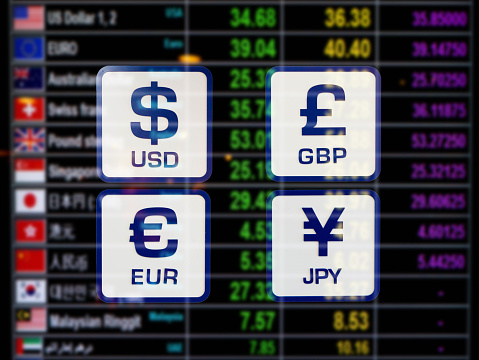 World icons signs Currency exchange rate on blurred digital display board background