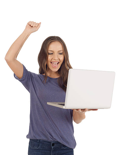 istock Cheerful girl with laptop 510791022