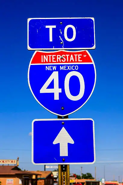 Tucumcari, NM, USA - June 16, 2015: Blue and Red Interstate 40 New Mexico sign.