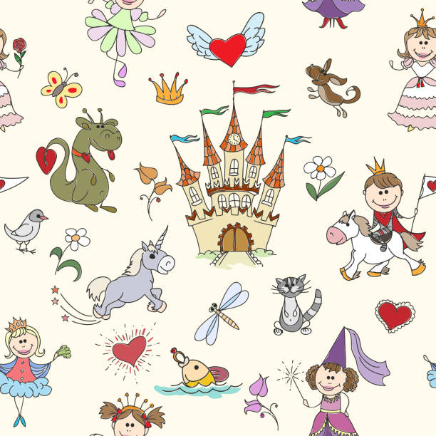 ilustrações, clipart, desenhos animados e ícones de pequena princesa padrão perfeito - computer graphic multi colored little girls teenage girls