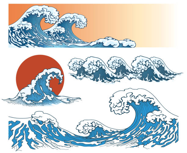 ilustrações de stock, clip art, desenhos animados e ícones de ondas em estilo japonês - quadro de altura