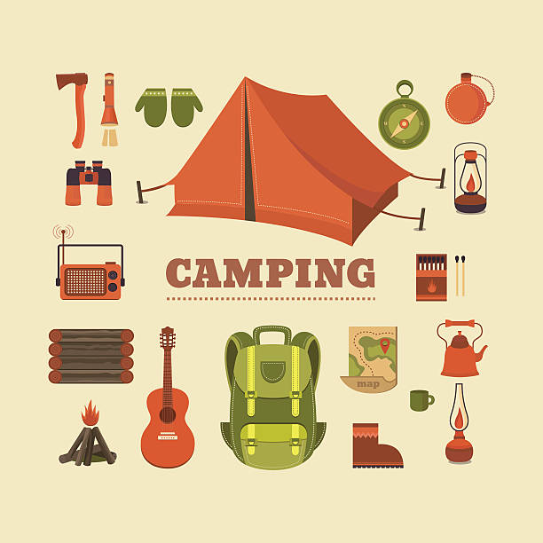 illustrations, cliparts, dessins animés et icônes de ensemble de camping - hip flask audio