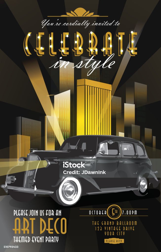Art Deco style vintage poster invitation party classic car template Art Deco style cityscape and car vintage invitation design template Art Deco stock vector