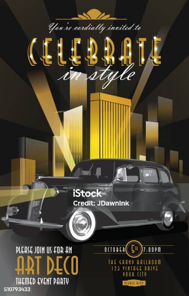 Art Deco Style Vintage Poster Invitation Party Classic Car Template Stock Illustration - Download Image Now