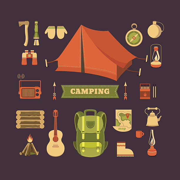 ilustrações, clipart, desenhos animados e ícones de conjunto de acampamento - hip flask audio