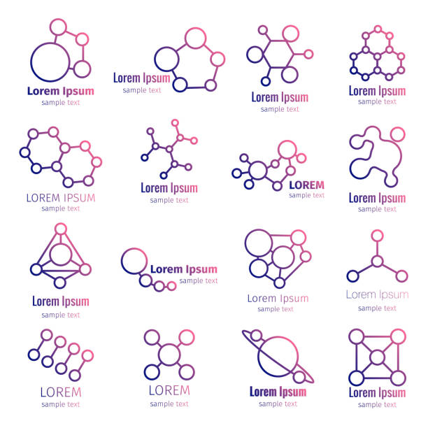 illustrazioni stock, clip art, cartoni animati e icone di tendenza di logo ricerca scientifica, logo gruppo di icone di scienza - chemistry molecular structure molecule formula