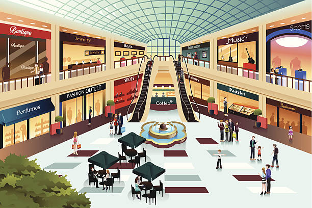 Scene inside shopping mall vector art illustration