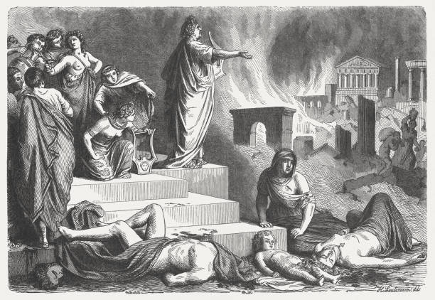 Great Fire of Rome( 64 AD), wood engraving, published 1864 Nero looks at the burning Rome. The Great Fire of Rome was an urban fire that started on the night between 18 and 19 July in the year 64 AD. It is uncertain who or what actually caused the fire — whether accident or arson. However, it is believed that Emperor Nero ordered the fire. He made the Christians responsible for it and many were sentenced to cruel death penalties. Wood engraving, published in 1864. nero stock illustrations